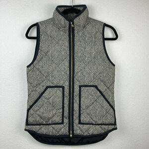 J.CREW Quilted Vest Womens Size XXS Excursion Herringbone Full Zip Down Black